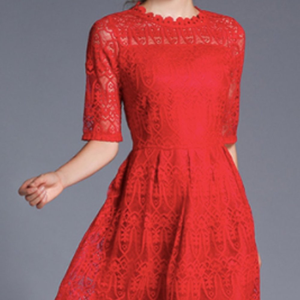 Classy and Sweet Red A-Line Lace Dress, Brand New, Perfect for Christmas Parties